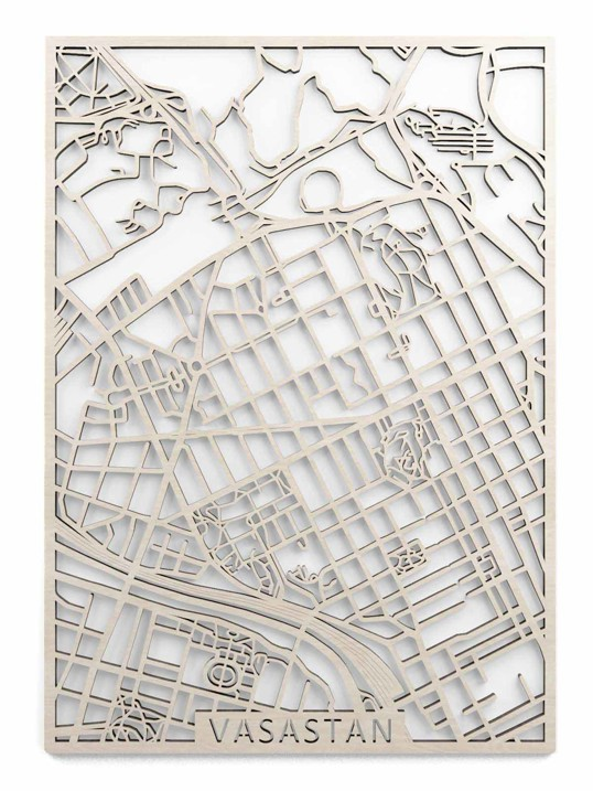 Wooden Map Stockholm Vasastan 50x70 vit ljus