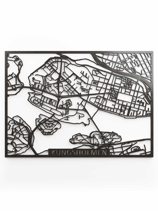Wooden Map Stockholm Kungsholmen 50x70 svart brun