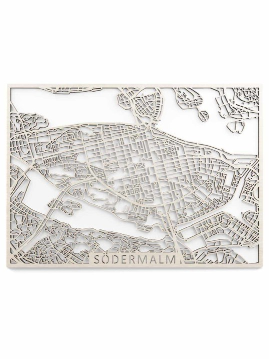 Wooden Map Stockholm Södermalm 50x70 vit ljus
