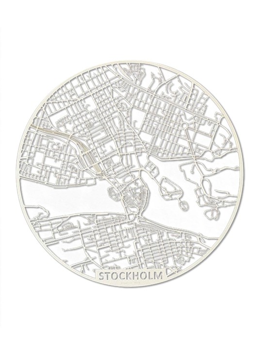 Wooden Map Stockholm Stad Rund 59x59 vit ljus
