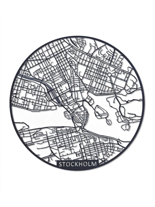 Wooden Map Stockholm Stad Rund 59x59 svart brun